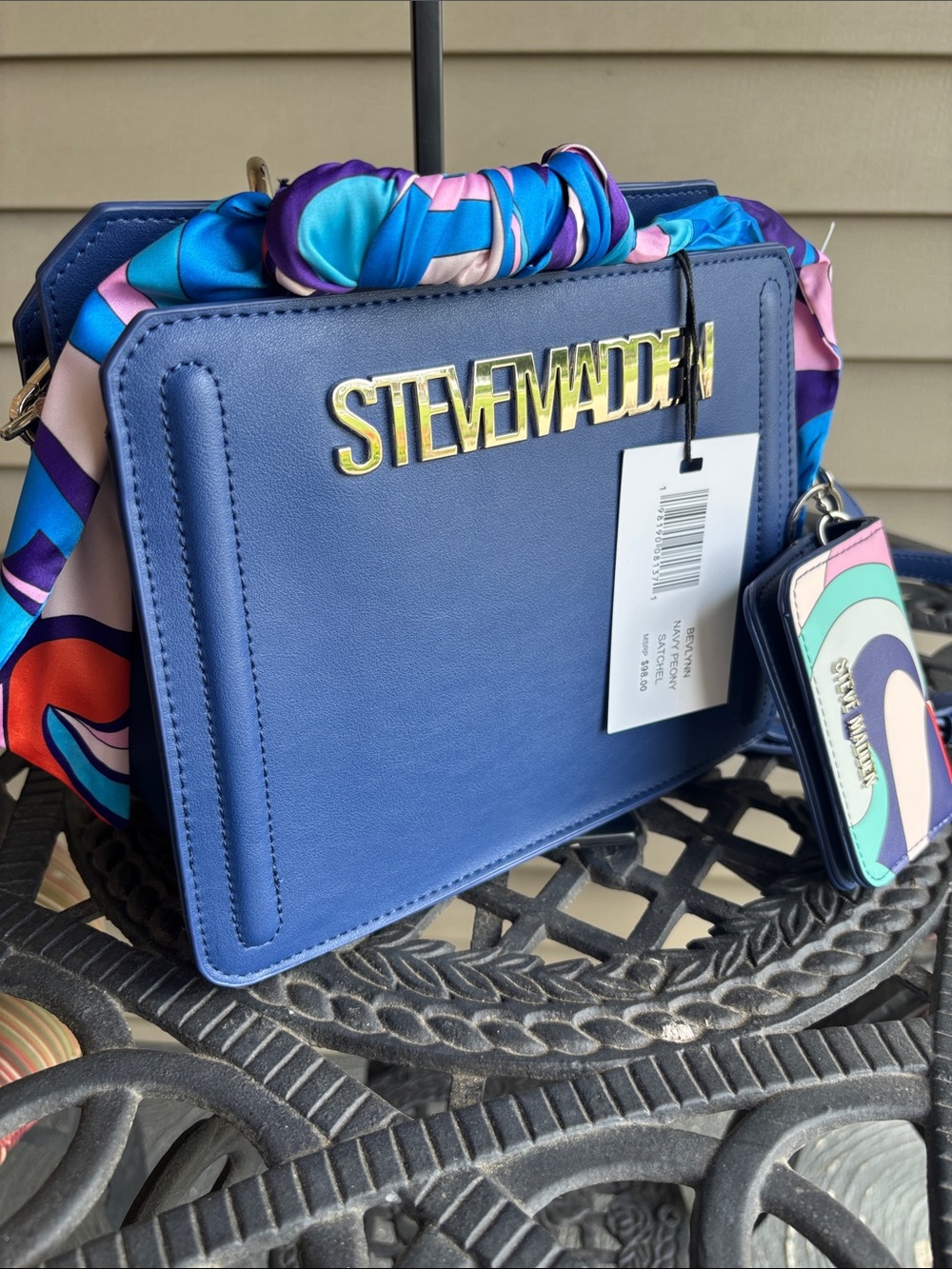 Steve Madden Navy Blue Peony Bevelynn Satchel with Colorful Scarf Accent and Tag